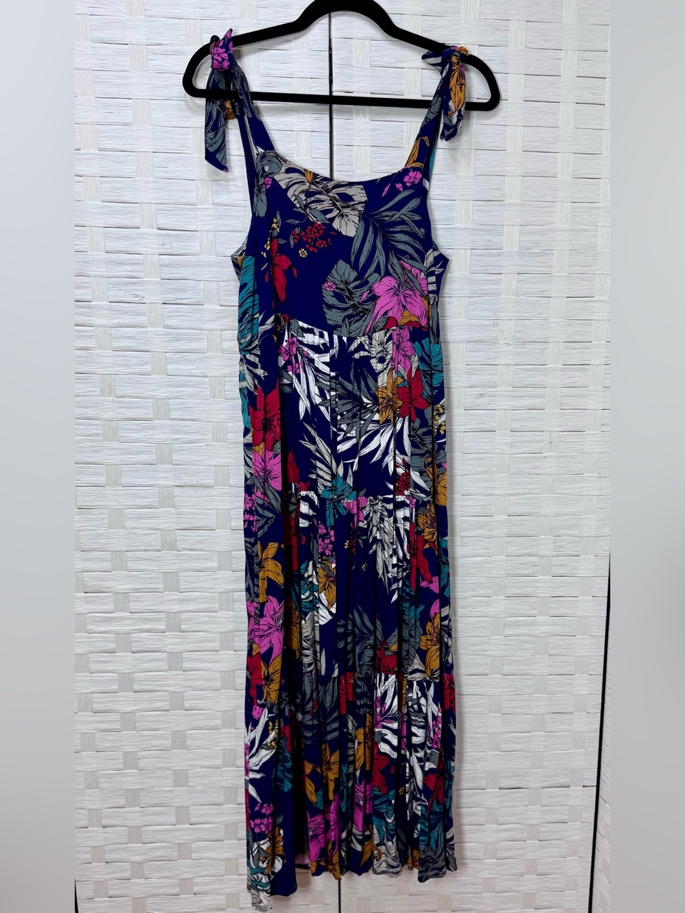 Label of Love Tie-Shoulder Blue Tropical Print Summer Midi Dress Size Small